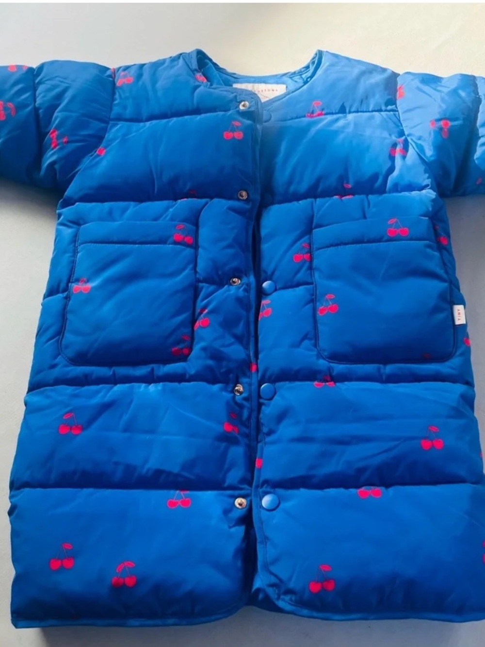 Tiny cottons blue puffer coat jacket with cherries toddler size 2